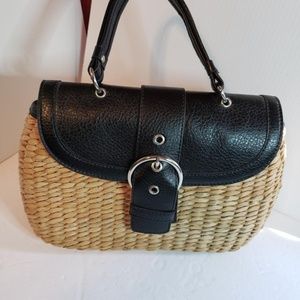 Black and tan wicker handbag